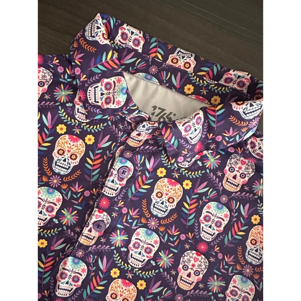 1764 Golf Polo Men's Medium I'm Dead Violet Skulls Performance Shirt Bright
